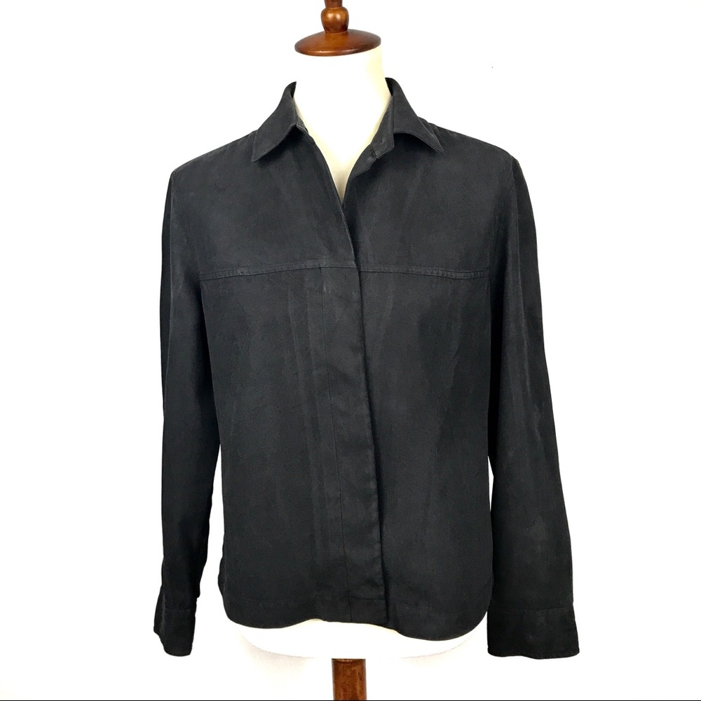 Saks Fifth Avenue REAL CLOTHES 100% Silk Black Long Sleeve Button Up Blouse Sm